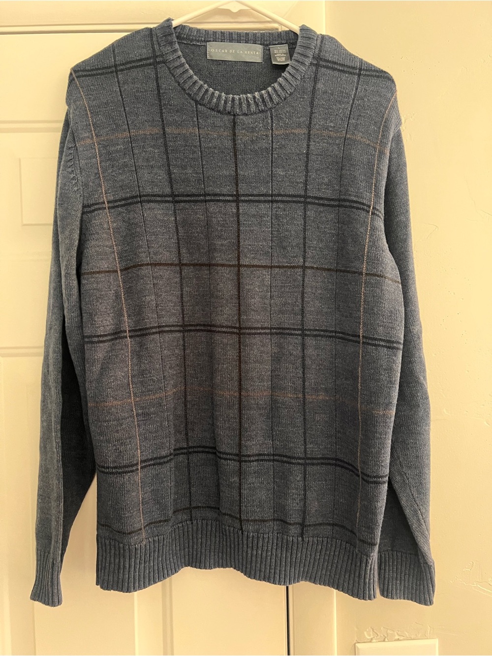 Oscar de la Renta Men's Blue Windowpane Crewneck Sweater with Subtle Tan Lines